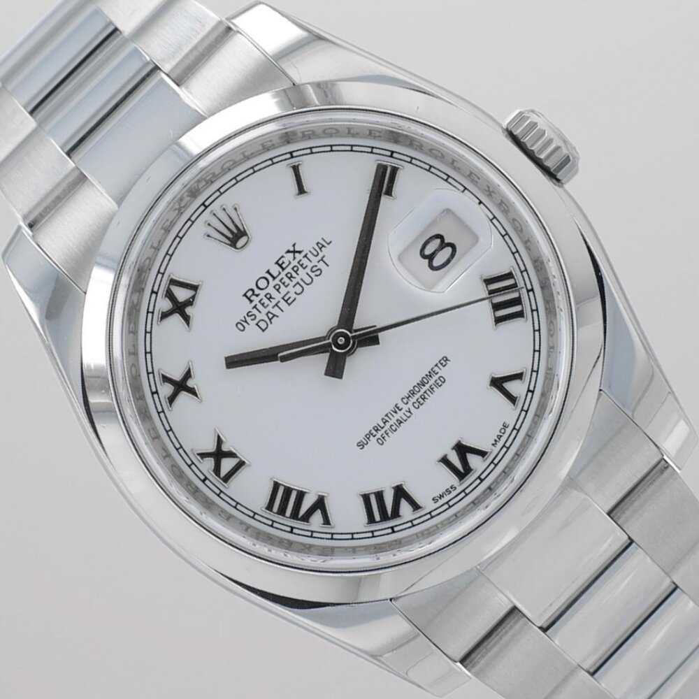 Rolex Men's Datejust 36 w/ Card White Roman Dial Smooth Bezel Oyster Band 116200